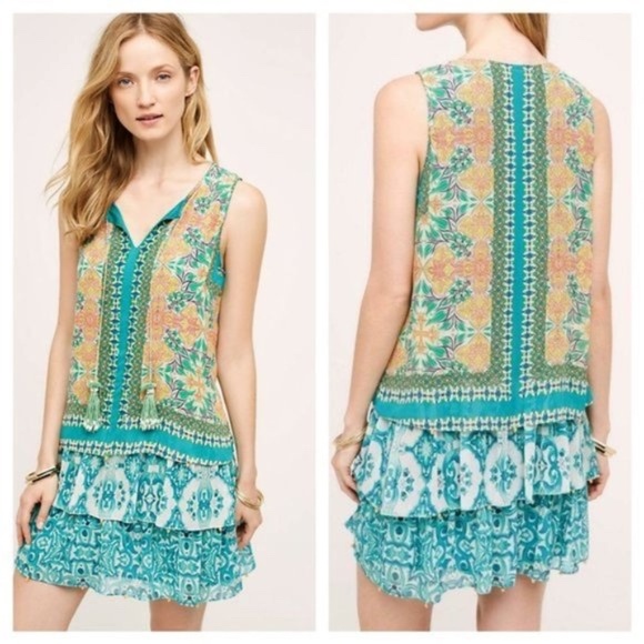 Anthropologie by Hemant & Nandita Silk Sequins and Beaded Tiered Dress Sz XSP - Picture 1 of 9